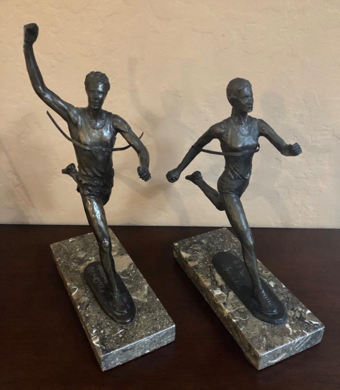 Set Bronze Sculptures Male & Female Runners Crossing Finish Line Signed 1980