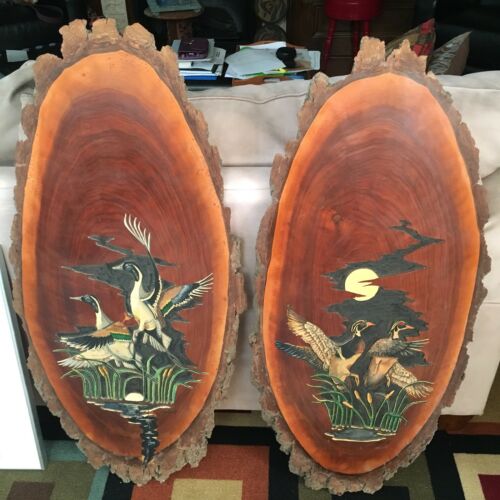 2 Signed T Hancuff Wood Ducks Tree Slice Handcarved Oval Wall Realistic Decor