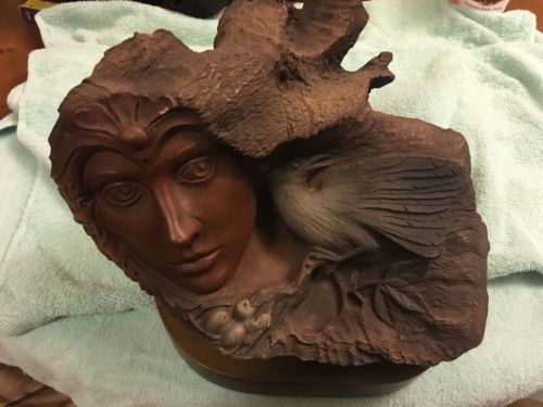Antique Rick Cain Sculpture American Indian Maiden & Black Raven Crow 1/5000
