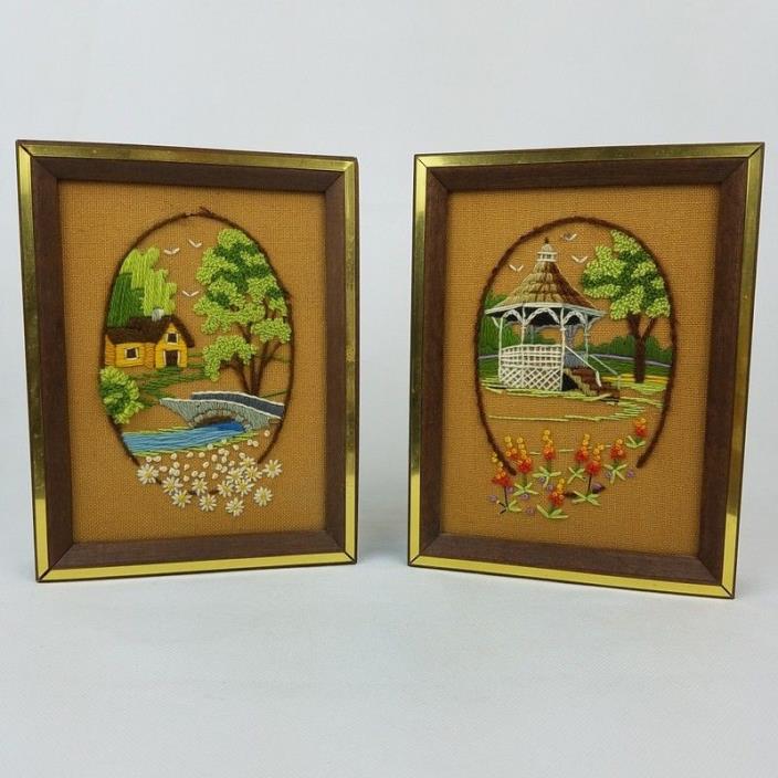Vintage Needle Point Art Pictures Asian Landscapes Gazebo Pond 6