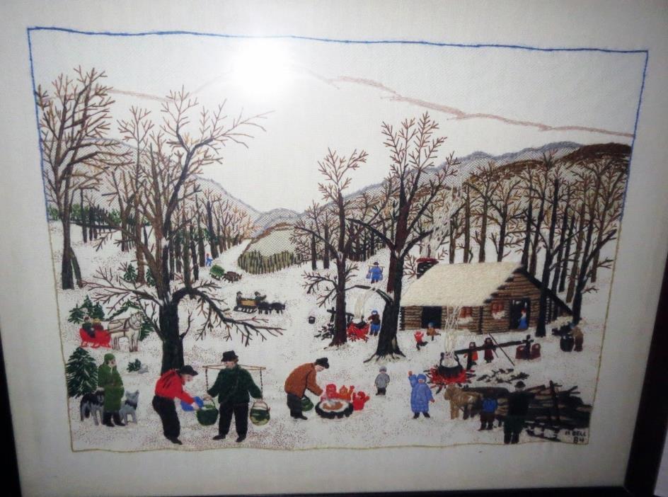Amazing Embroidered SIGNED - GRANDMA MOSES TAPESTRY Painting - GALLERY FRAMED