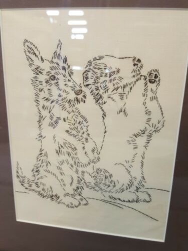 Antique Dog Terrier Framed Art Stitched Cloth