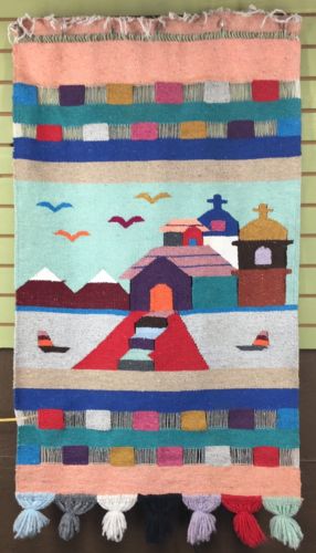 Vintage Aztec Style Mexican South American Woven Yarn Rug Wall Hanging 53x29