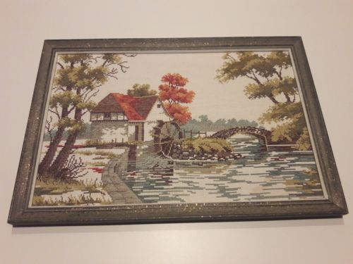 Beautiful Framed Embroidered Picture of a Watermill on a River