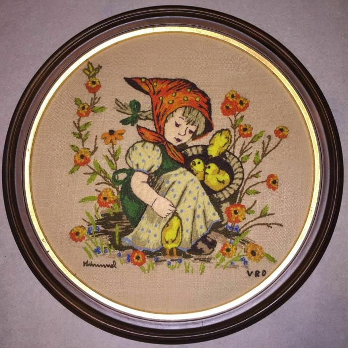 Vintage Hummel Girl w. Birds Framed Wool Fiber Wall Art Mid Century Folk Art