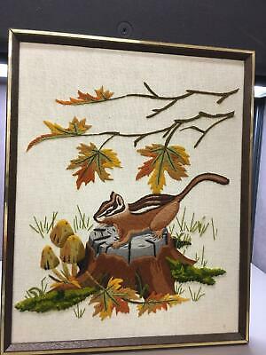 Framed Hand Embroidered Chipmunk Ground Squirrel Nature Scene Mushrooms