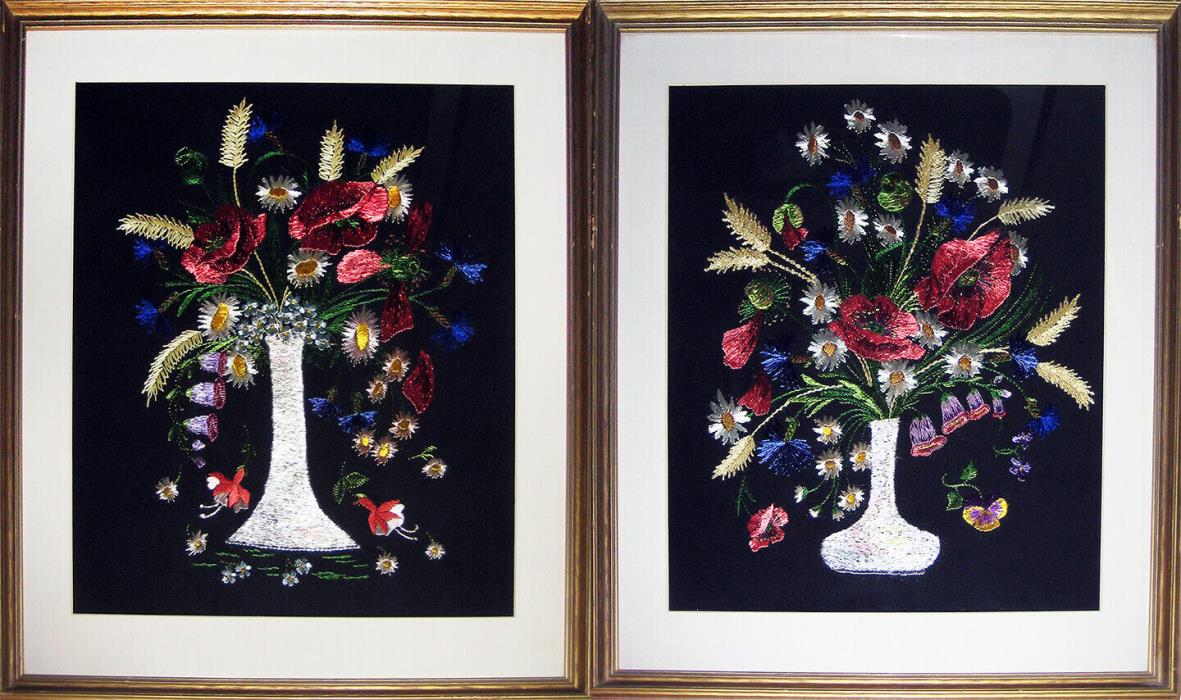 • Pair of Large Matching Vintage Silk Thread Paintings • Floral Still Lifes •