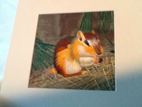 kings Silk Embroidery chipmunk  8x8 mated signed Handmade silk picture