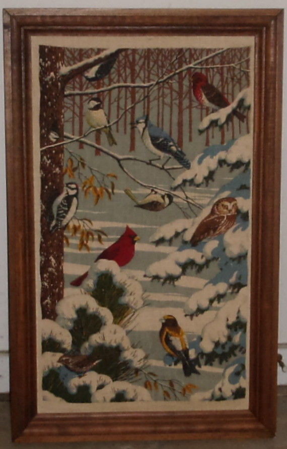 Vintage Cloth (Textile) Framed Art (Birds in Trees) (20 x 32)