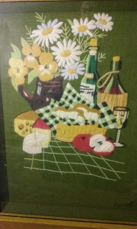 Framed Folk Art Embroidery Textile  -Wall Hanging -