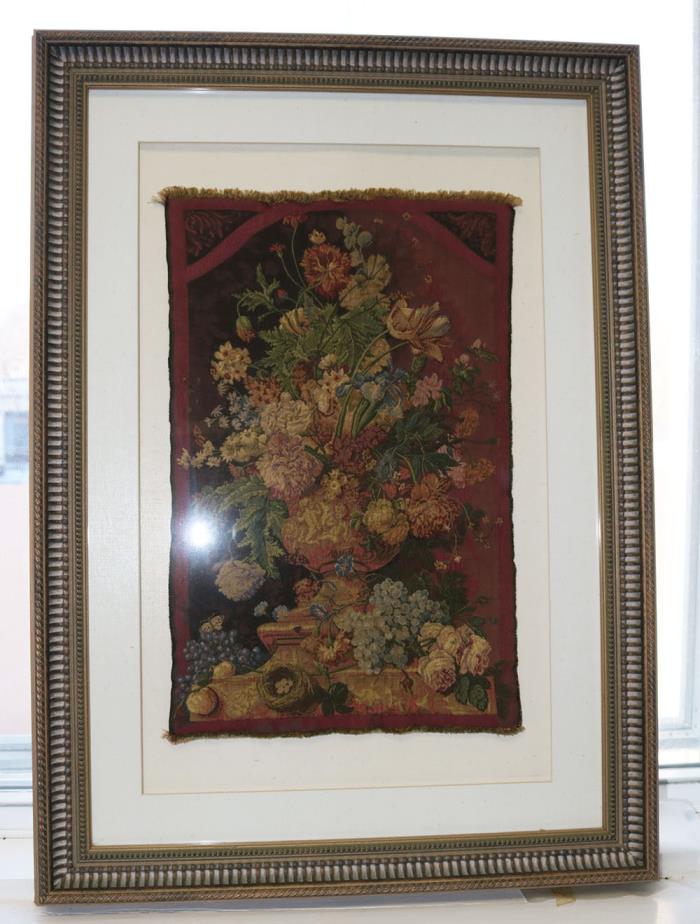 Beautiful Petite Finely Woven Framed French Floral Tapestry Vintage