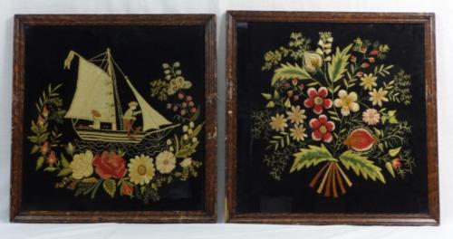 Pair of Antique Early Colorful Needleworks Found in Bucks Co. Penna.