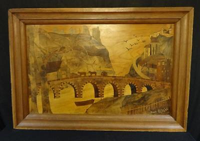 American Roger Berlin Marquetry Inlaid Landscape Picture Fabulous Detail!