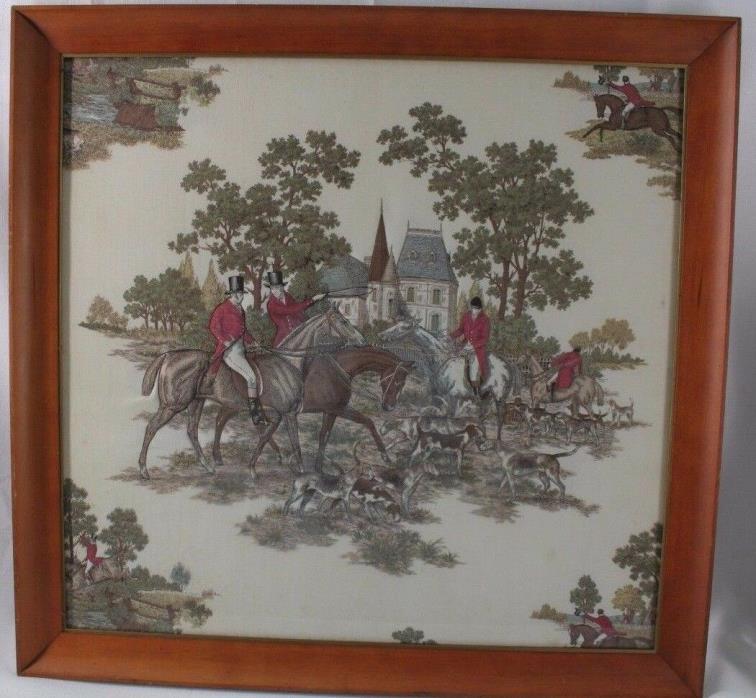 Vintage Trapunto Fabric Picture Wood Frame The Fox Hunt 3D  Quilted