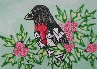 ACEO Original Art, Grosbeak in Tree, Watercolor Painting mix, bird abstract
