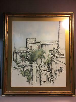Vintage Line Drawing and Hand Colored Castle by P. Kidwell 1966 Great Frame