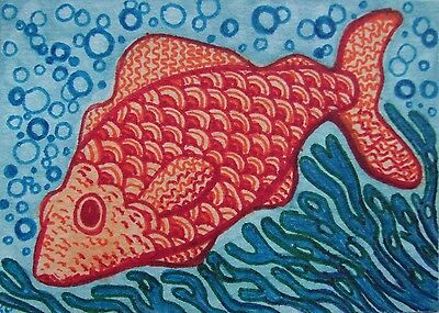 ACEO Original Art, Orange Glow Fish, Watercolor & Pen Drawing, blue water