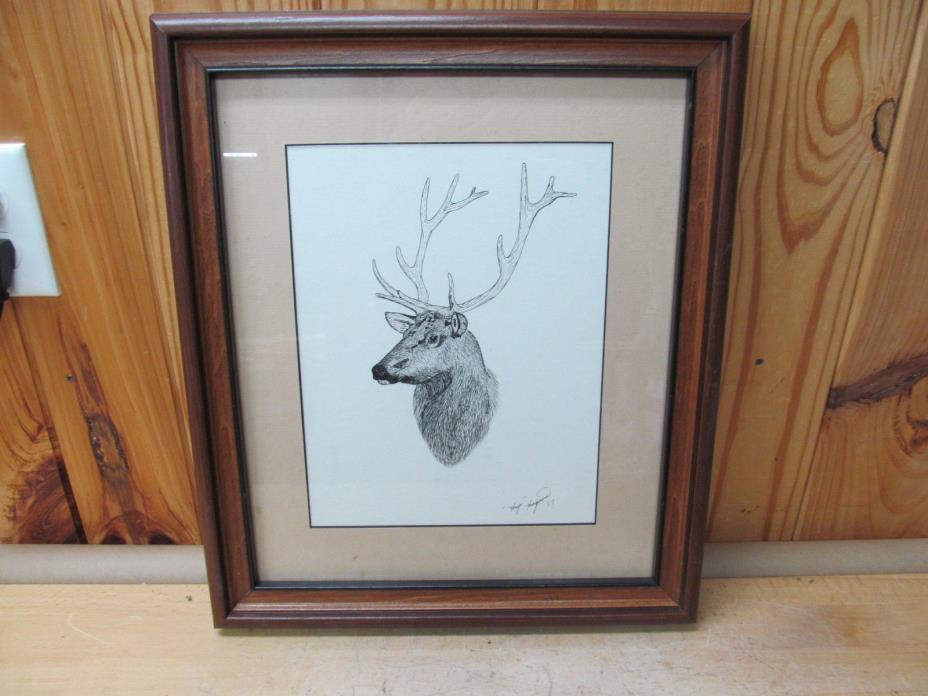 “Elk” Wildlife Artist Talbot Hap Hagood Jr. – Pen + Ink Drawing Framed Original