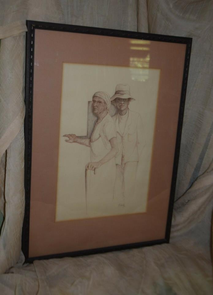 GRAPHITE ARTIST PENCIL DRAWING R GANDY 1975 BLACK COUPLE ELDERLY