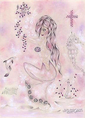 CRYSTAL AMETHYST MERMAID SEAHORSE MESSAGE IN A BOTTLE PASTEL DRAWING PAINTING