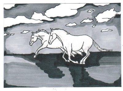Aceo Original ATC horse mustang pony art drawing trading cards markers ink