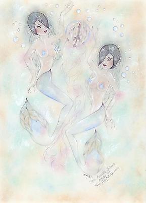 MERMAID MERMAIDS TWINS JELLY FISH JELLYFISH OCEAN BUBBLES DRAWING PAINTING ART