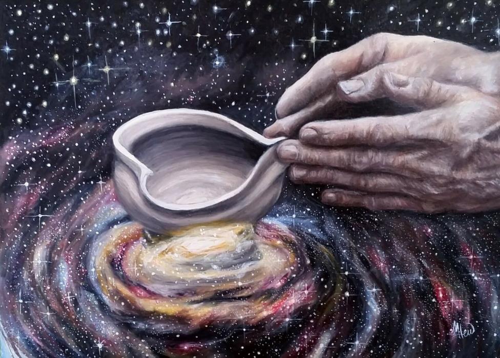Love Space Galaxy Hands Pottery Large Color Pencil Drawing Surrealism MHew