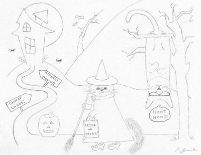 Halloween Cat Trick Or Treat Coloring Page Spooky Scene Cat Drawing Cat Cartoon