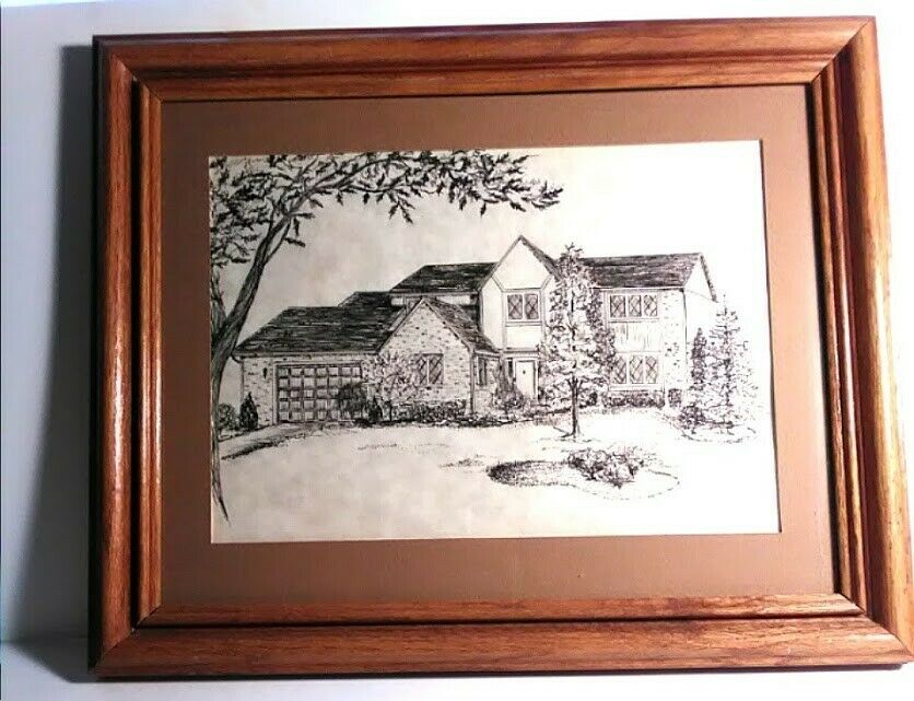 Signed Flanigan ? Hand Drawn in Ink on Parchment Paper Cozy Home in Oak Frame
