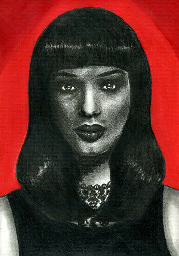 Egyptian princess woman portrait original ink pencil drawing acrylics face red