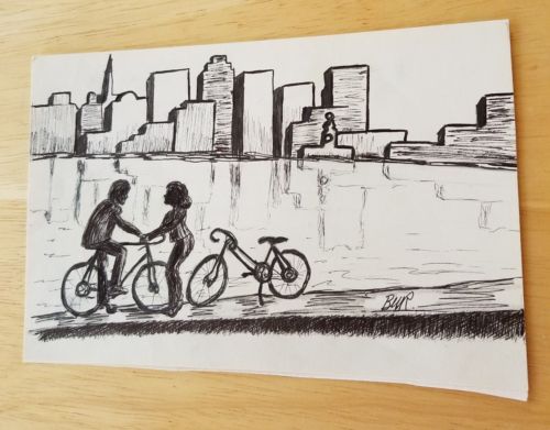 Vintage Original signed art artwork Romance City Cityscape Biking Bicycle Love