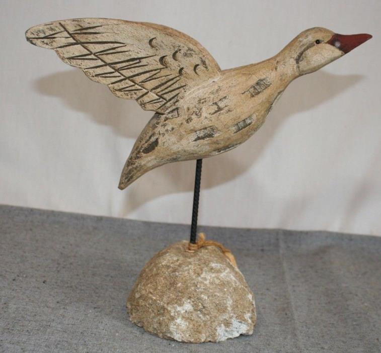 Hand Carved Hand Painted Wood Duck Bird Sculpture Decoy Rock Base James Haddon