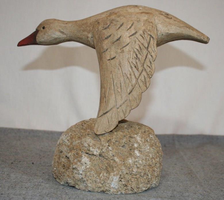 Hand Carved Painted Wood Duck Bird Sculpture Decoy Rock Base By James Haddon