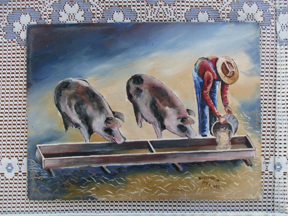 Vintage Folk Art Oil on Board Painting of Farmer Feeding Pigs