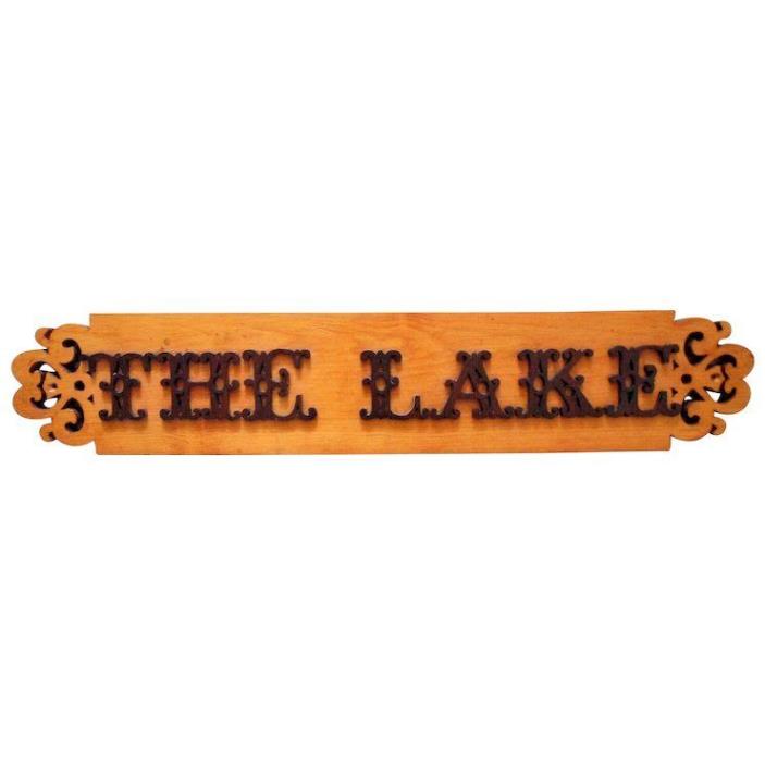 Vintage Sign THE LAKE Carved Pine Wood Fancy Aesthetic Lettering