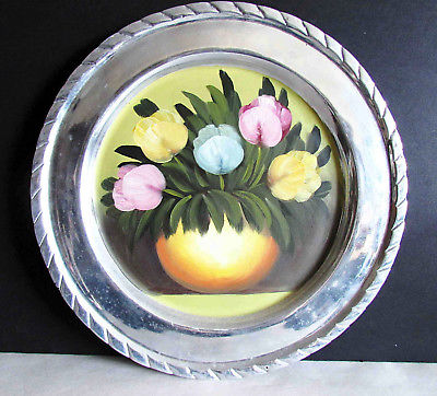 Hand Painted Wall Plaque Flowers Still Life on Silver Tone Tray 12