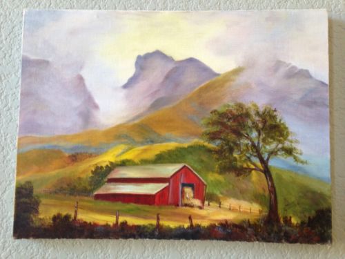 Original Hand Painted Barn Painting Signed Mountains Counrty Art Folk Art