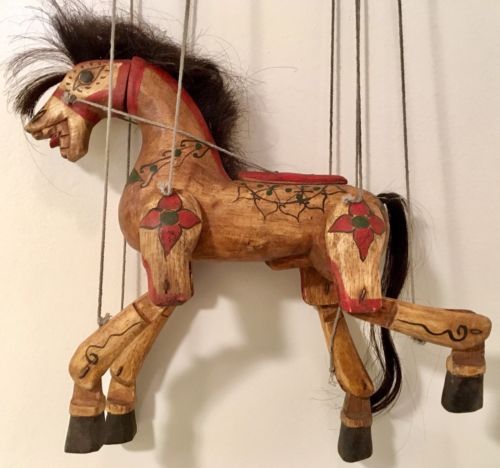 EXQUISITE VINTAGE ART SCULPTURE MARIONETTE PUPPET HAND CARVED PAINTED WOOD HORSE