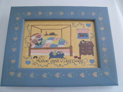 Love & Marriage Teddy Bears Vintage Hand Painted  Framed Art Hearts on Frame