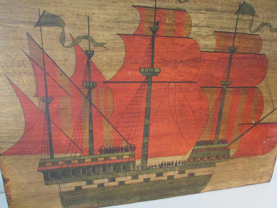 Vtg Folk Art Clipper Boat Ship Vessel Nautical Wood Art Wall Hanging 17.5