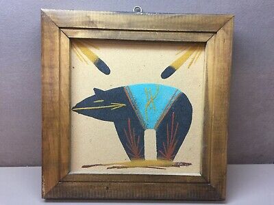 Native American Sand Painting of Bear with Feathers Turquoise Red Yellow Black