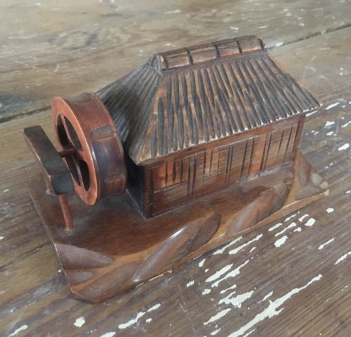 VTG Folk Art Primitive Handmade Wood Trinket Box House Roof Opens Waterwheel