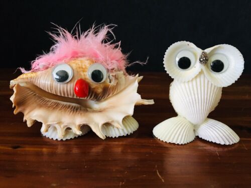 Vintage Folk Art Sea Shell Figure Lot Owl & Clown Googly Eyes