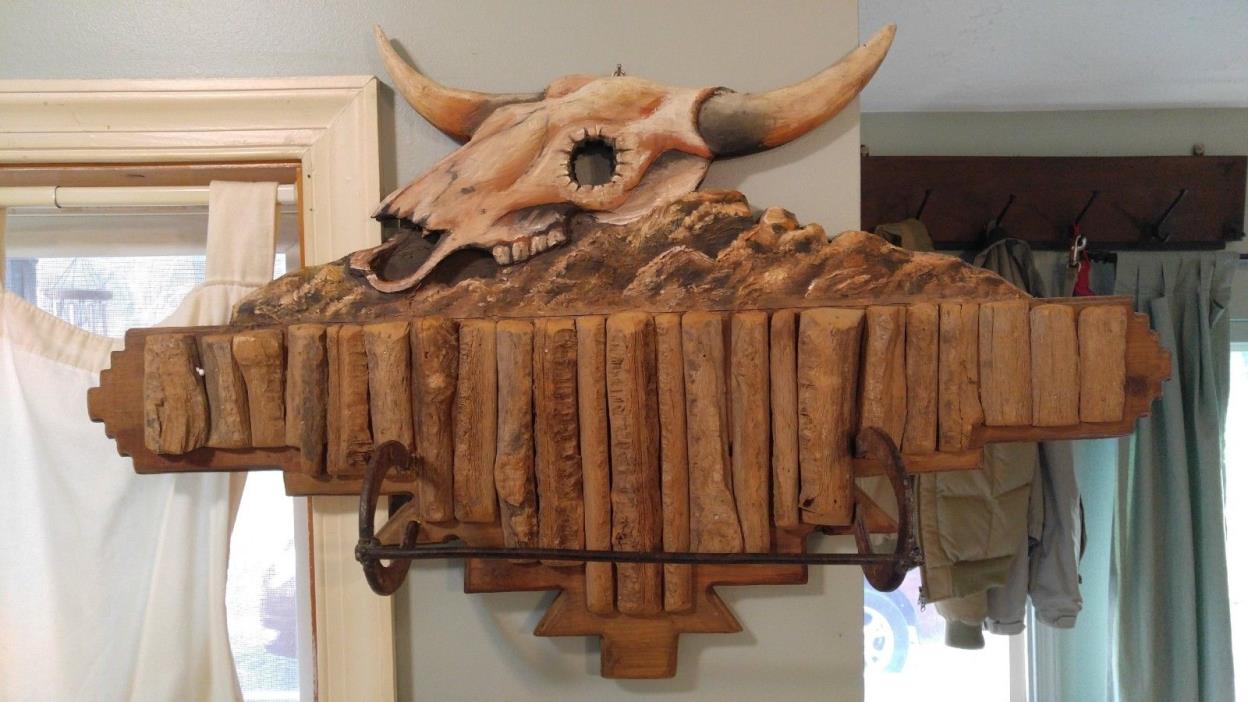 Vintag Southwest Americana Folk Art Wood Wall Rack Rustic Cowboy Horseshoe Skull