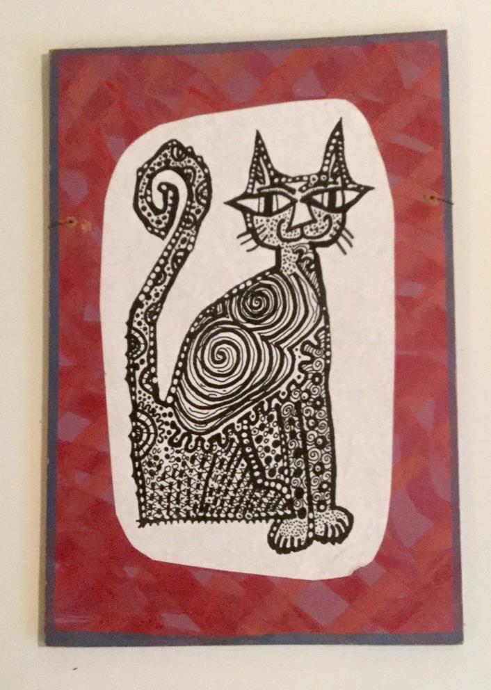 vtg 60s Psychedelic pop-art hippie CAT litho/painting masonite board sgnd MCM