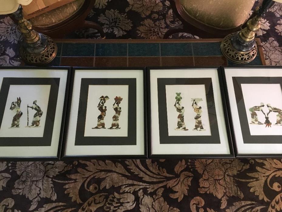 Four Vintage Hand Crafted African Butterfly Wing Collage Artwork Matted & Framed