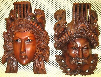 o'o'o . Balinese or Thai King & Queen Wood Carved MASKS . Wall Decor . Must SEE!