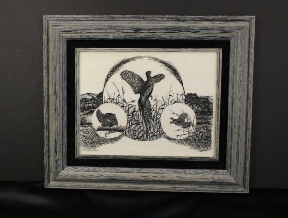 Framed Montana Marble Inc Etched Artwork, Turkey and Pheasant Wildlife 1990