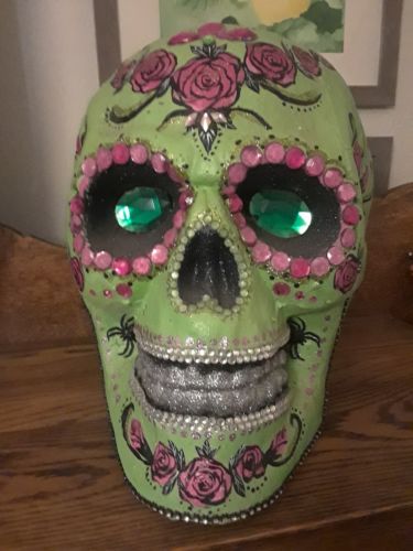 HUGE GREEN SUGAR SKULL. DAY OF THE DEAD ART STYROFOAM SKULL HAND MADE/PAINTED.