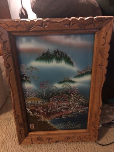 Oriental Village Mountain Trees Water Framed Wall Art 21x14